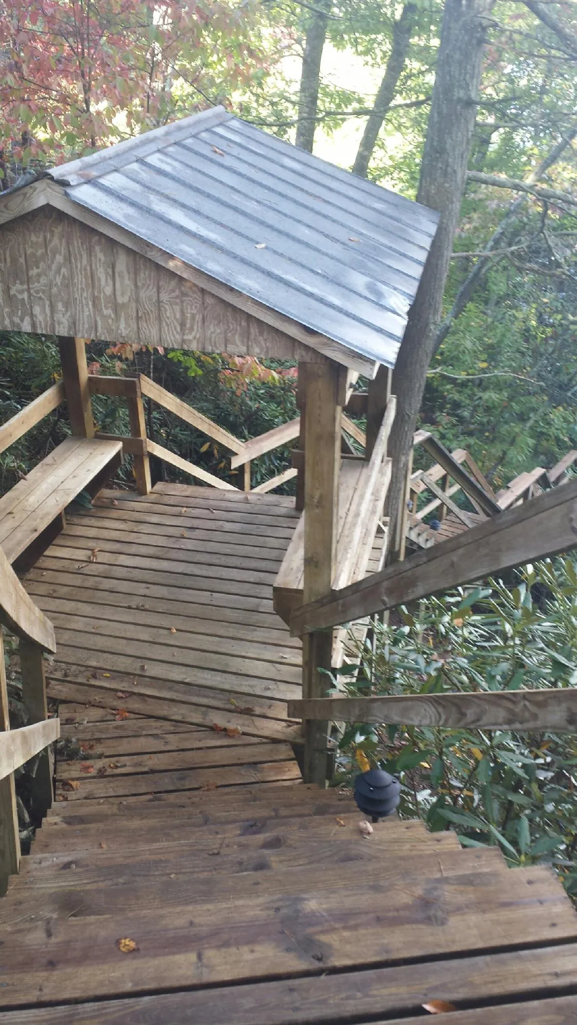 Metal roofed shelter over wooden steps on a wooded walkway — Skylight Repair & Installation work by our crew in Ophiem